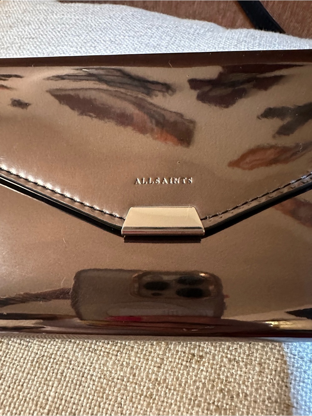 AllSaints Metallic Bronze Envelope Clutch with Gold-Tone Accent